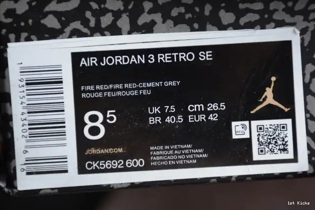 1st Kicks Air Cement 3 Jordan Red CK5692-600 0512